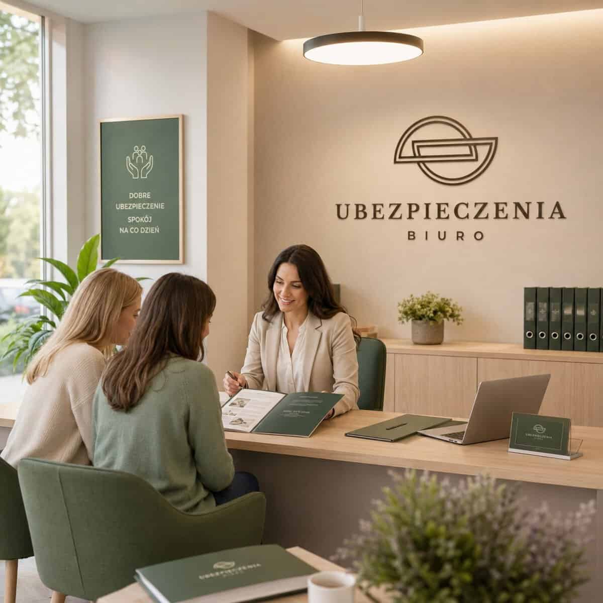 Nowoczesne witraże w biurze ubezpieczeń z logo i zielonymi akcentami.