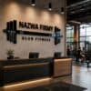 Nowoczesny recepcja w klubie fitness z logo i dużymi oknami.