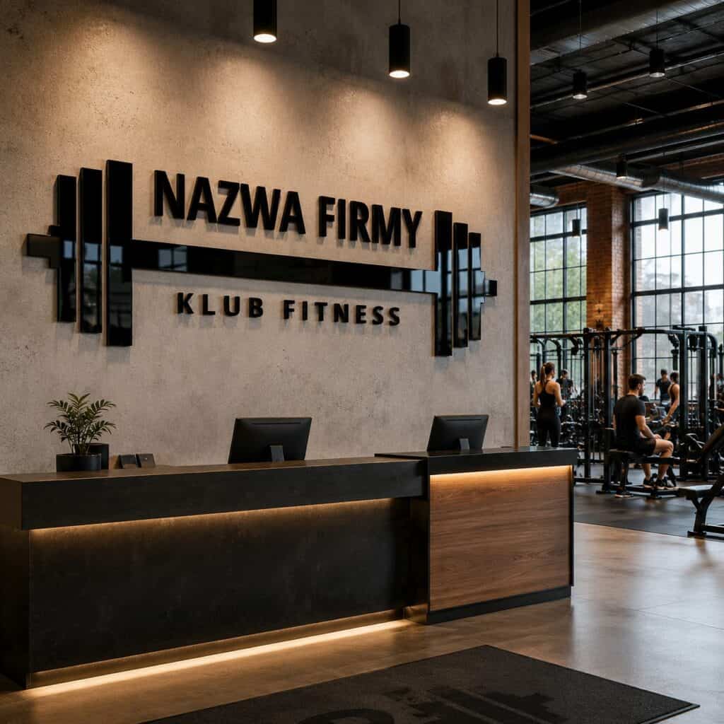 Nowoczesny recepcja w klubie fitness z logo i dużymi oknami.