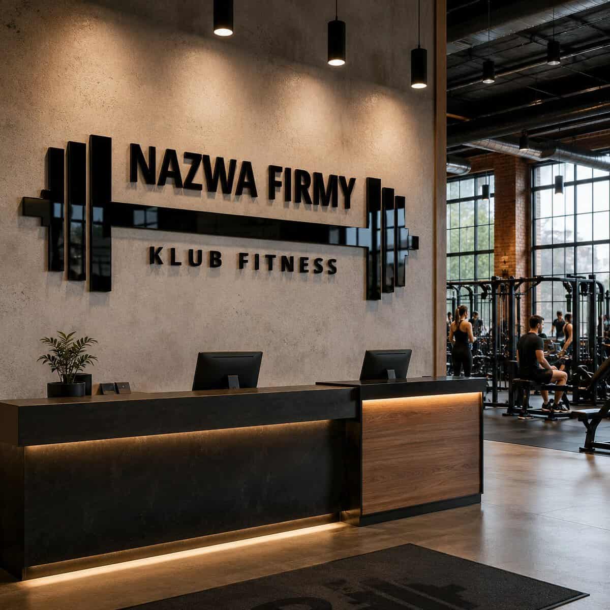 Nowoczesny recepcja w klubie fitness z logo i dużymi oknami.