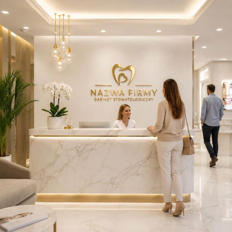 Nowoczesny gabinet stomatologiczny z eleganckim recepcją i logo firmy.