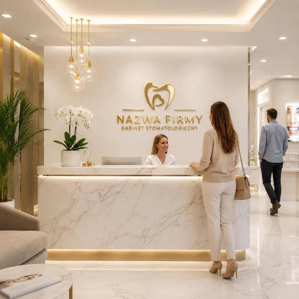Nowoczesny gabinet stomatologiczny z eleganckim recepcją i logo firmy.
