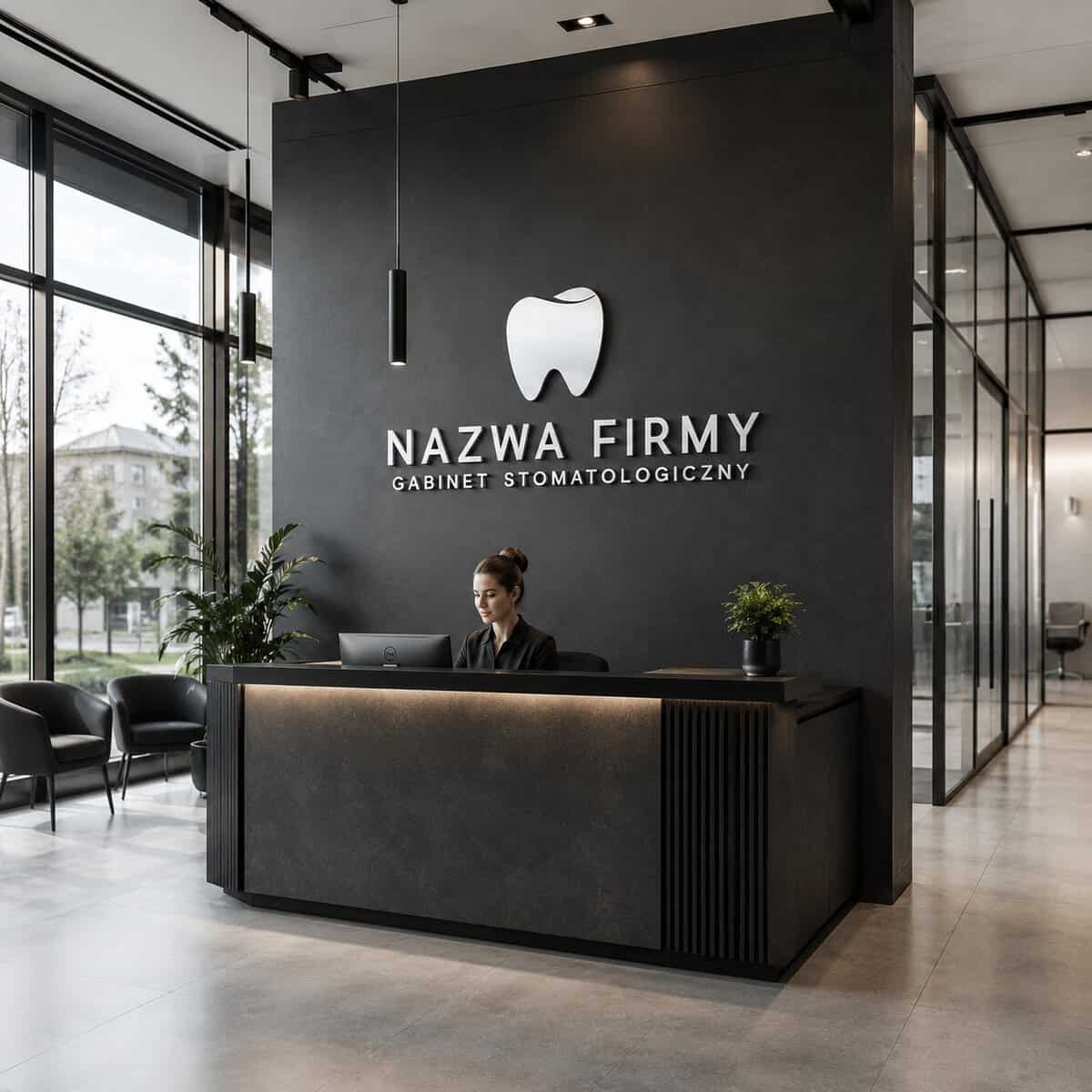 Nowoczesny gabinet stomatologiczny z logo z zębem na ścianie.
