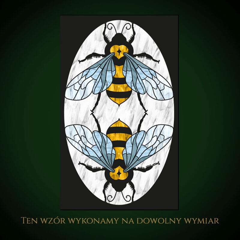 Nowoczesny witraż z pszczołami i motywem pszczelarskim.