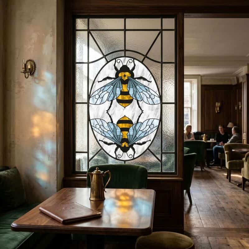 Witraż pszczół na szybie, nowoczesny design, dekoracja okna.