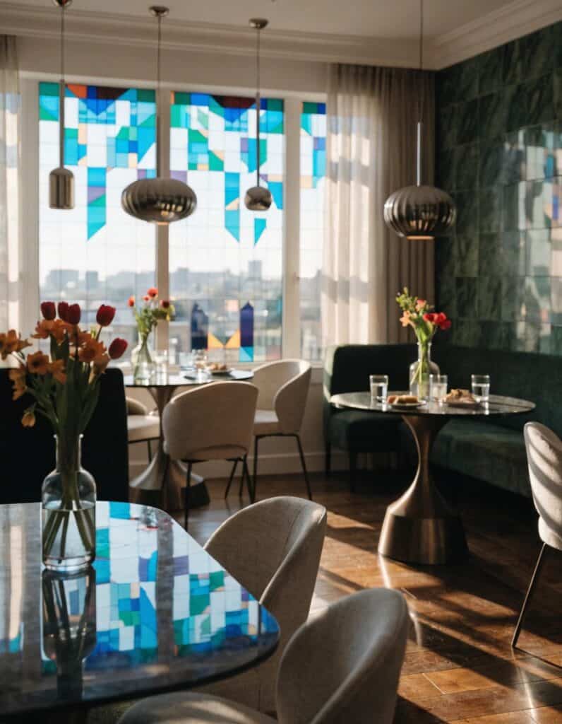 Witraże nowoczesne na szkło w eleganckim wnętrzu restauracji.