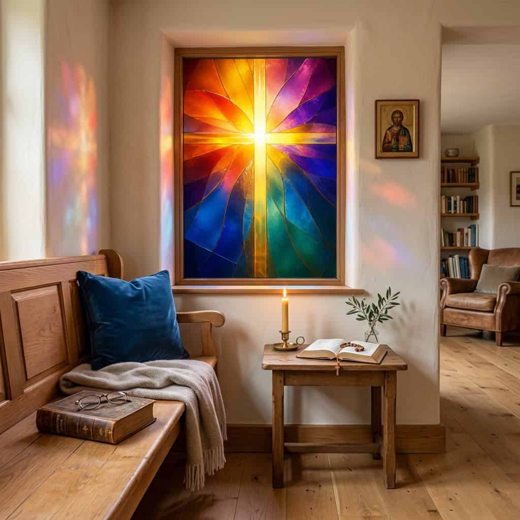 Nowoczesny witraż z kolorowym światłem w salonie.