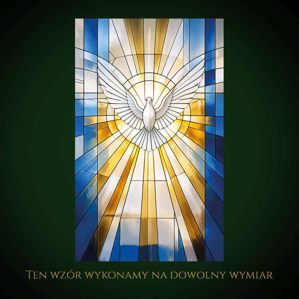 Nowoczesny witraż z gołębicą i promieniami światła, symbol Ducha Świętego.