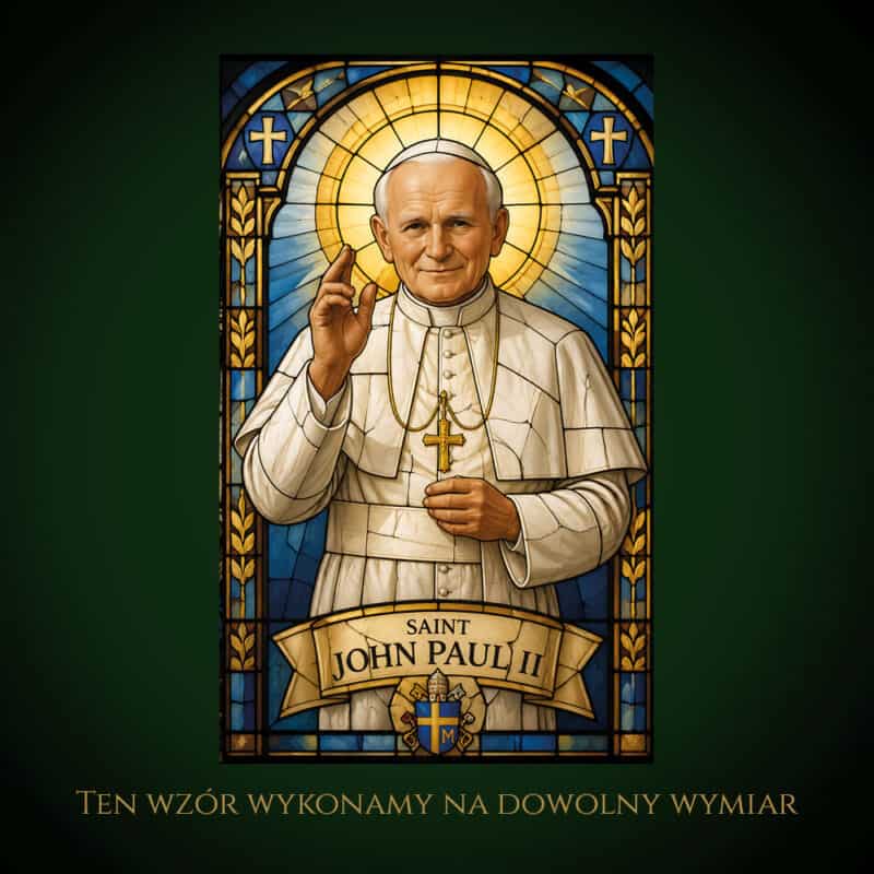Witraż z wizerunkiem papieża Jana Pawła II w stylu nowoczesnym.