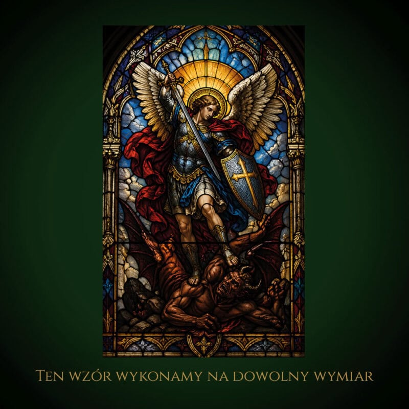Witraż przedstawiający Świętego Michała Archanioła walczącego ze złem.