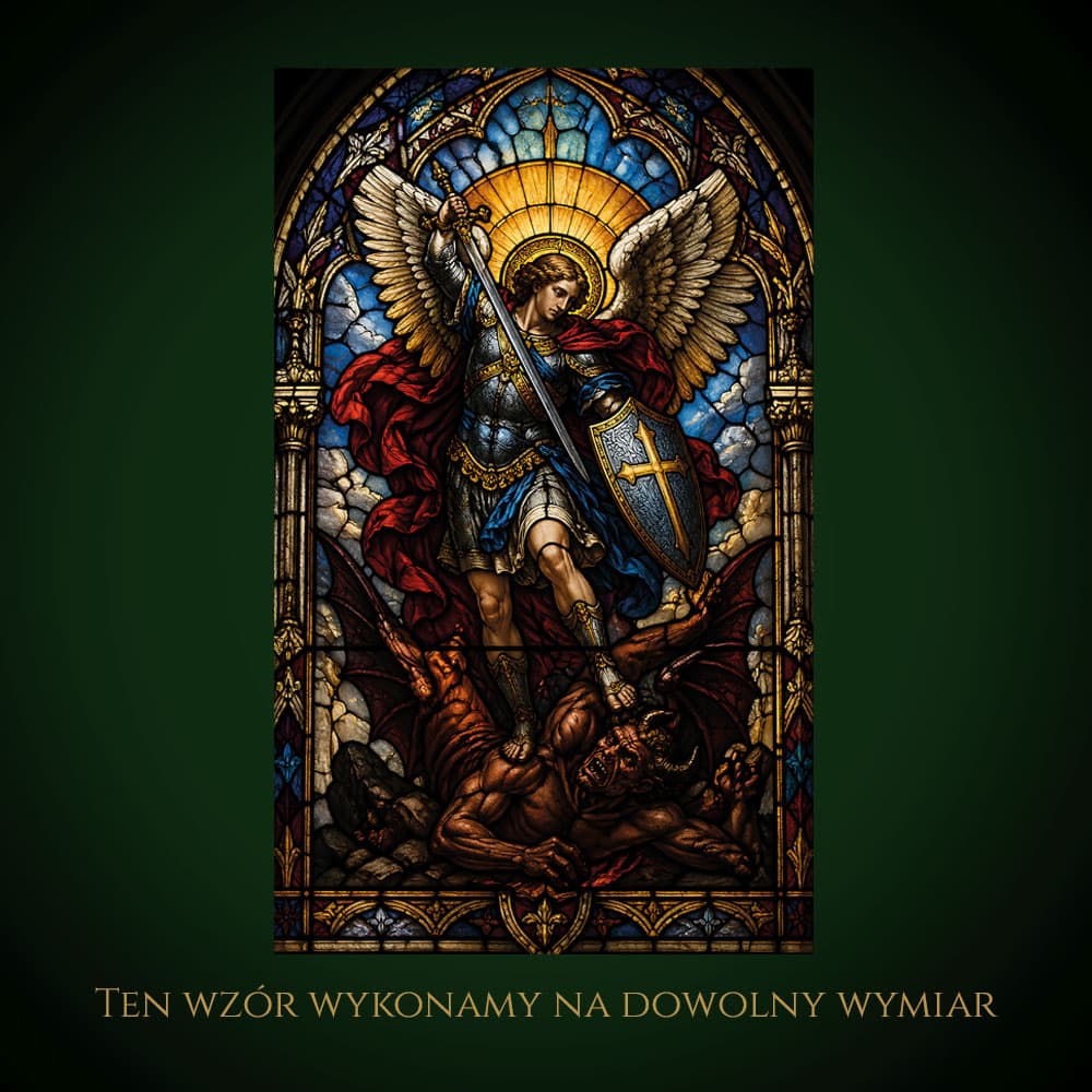 Witraż przedstawiający Świętego Michała Archanioła walczącego ze złem.
