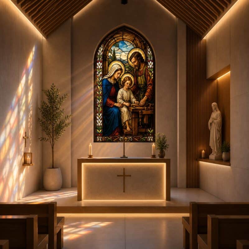 Witraż Święta Rodzina z Maryją, Józefem i Jezusem w kaplicy.