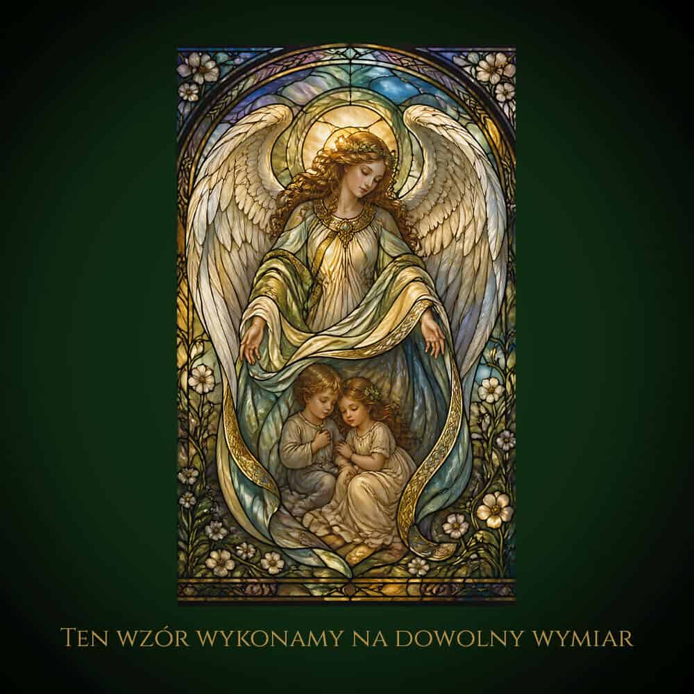 Nowoczesny witraż Anioł Stróż z dziećmi w stylu secesyjnym.