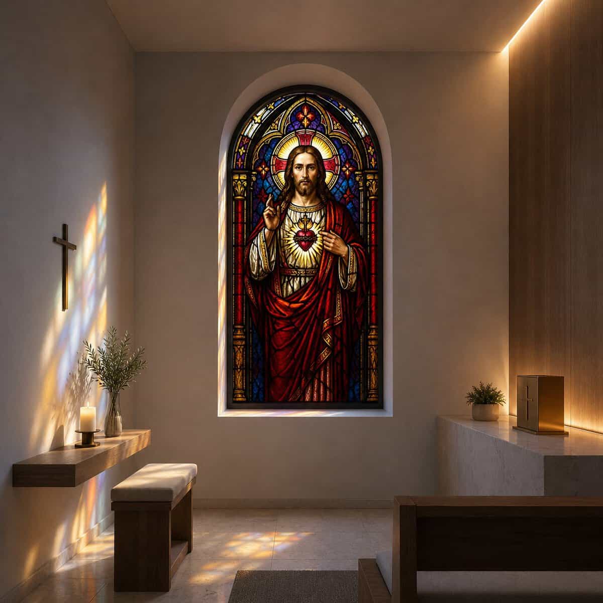 Witraż z Jezusem w stylu klasycznym, kolorowy, w kościelnym wnętrzu.