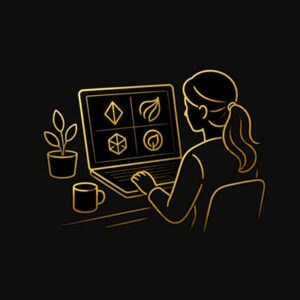 Ilustracja kobiety pracującej przy komputerze z grafikami w stylu minimalistycznym.