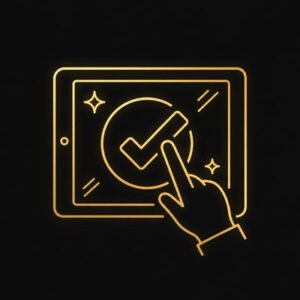 Witraż nowoczesny z motywem checkmark na tablecie, złote linie na czarnym tle.
