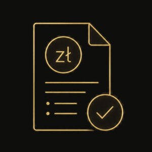 Ikona dokumentu z symbolem złotego znaku zł i zaznaczeniem zatwierdzenia.
