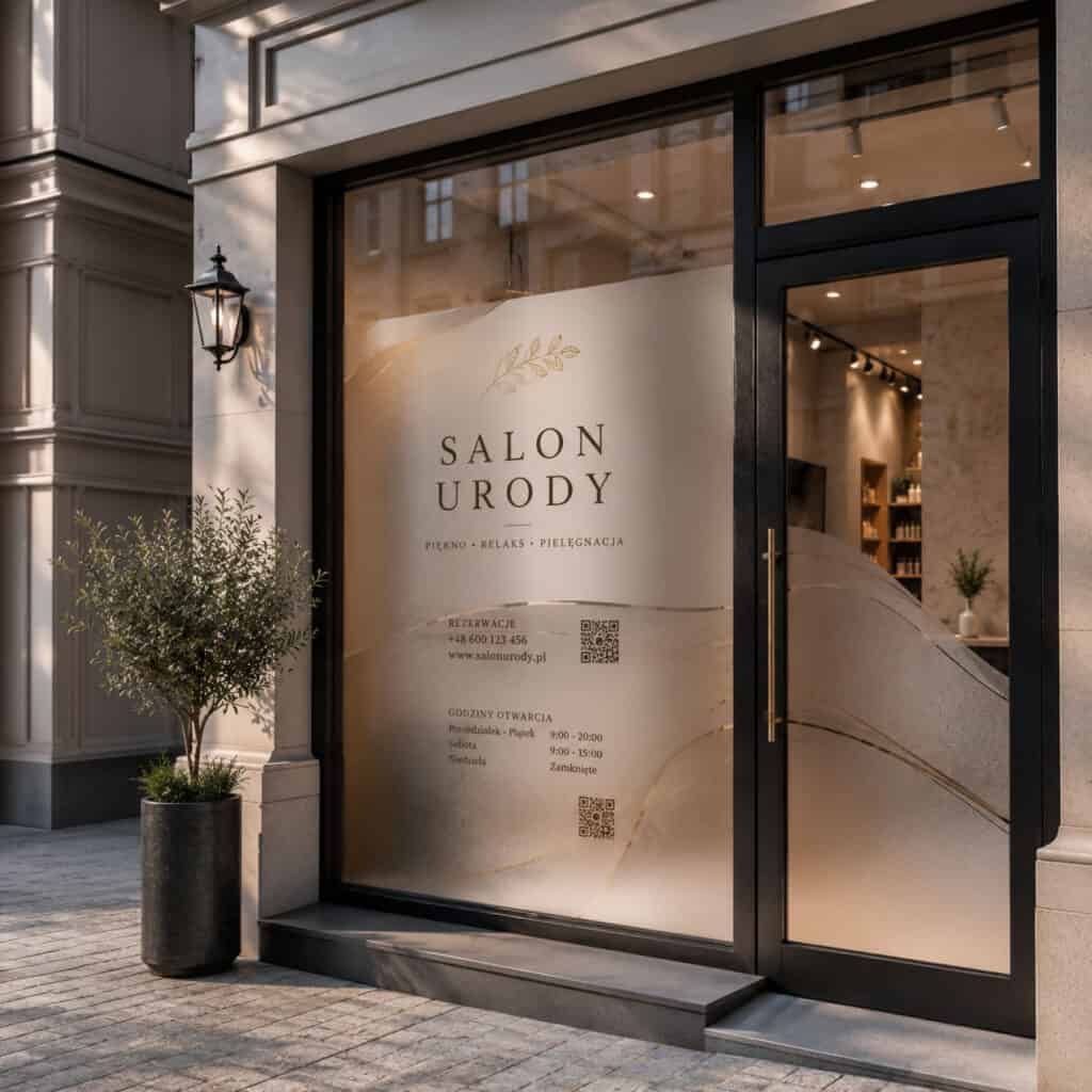 Witraże nowoczesne w witrynie salonu urody, eleganckie i bez kosztów klasycznych realizacji.