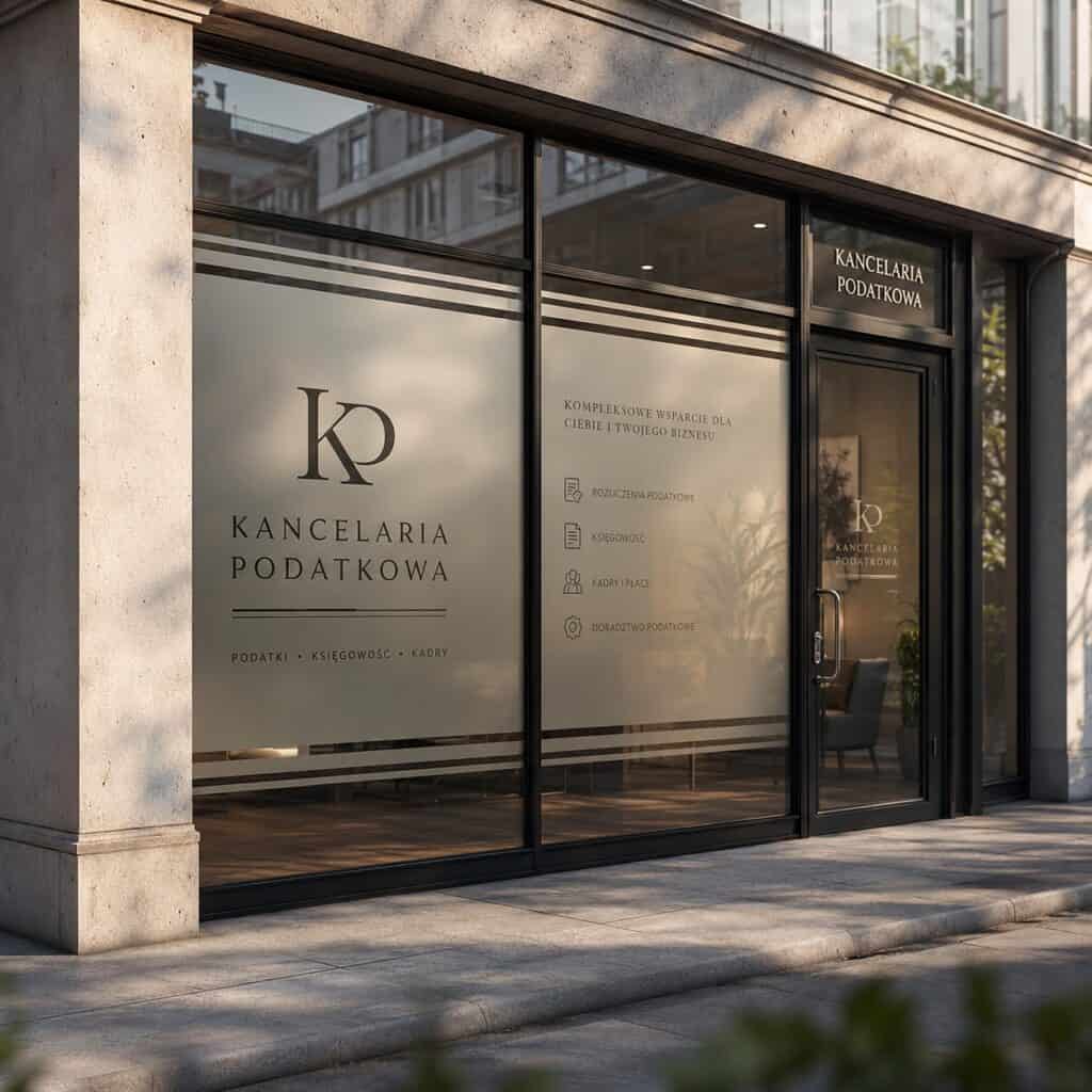 Nowoczesne oznakowanie witryny kancelarii podatkowej z logo i informacjami.