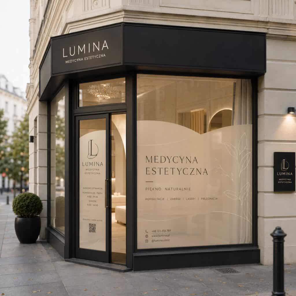 Nowoczesne witryny z grafikami i napisem Lumina Medycyna Estetyczna.