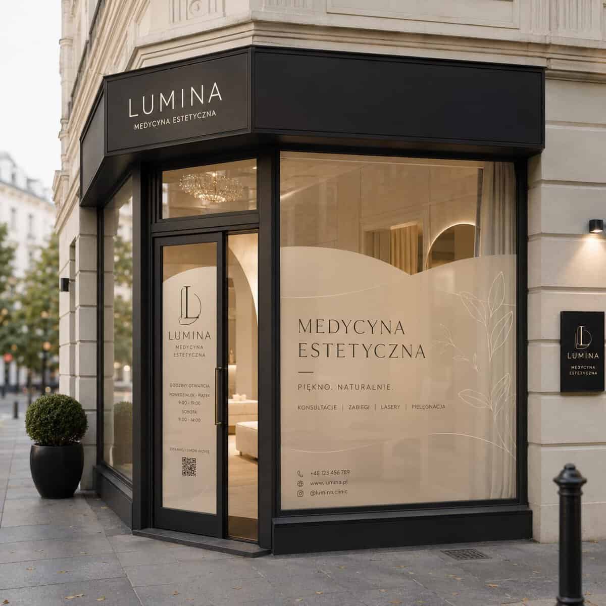 Nowoczesne witryny z grafikami i napisem Lumina Medycyna Estetyczna.