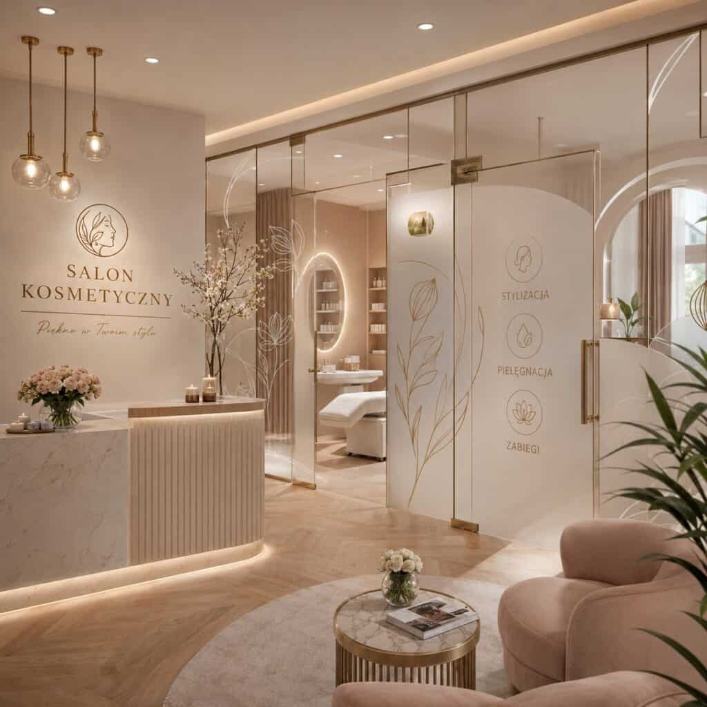 Nowoczesny salon kosmetyczny z eleganckim wystrojem i delikatnym oświetleniem.